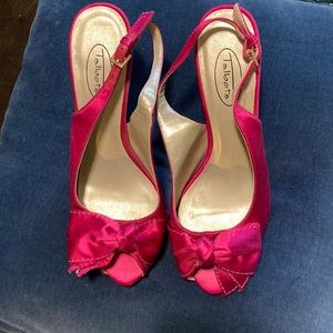 Formal hot pink peep toe satin heels